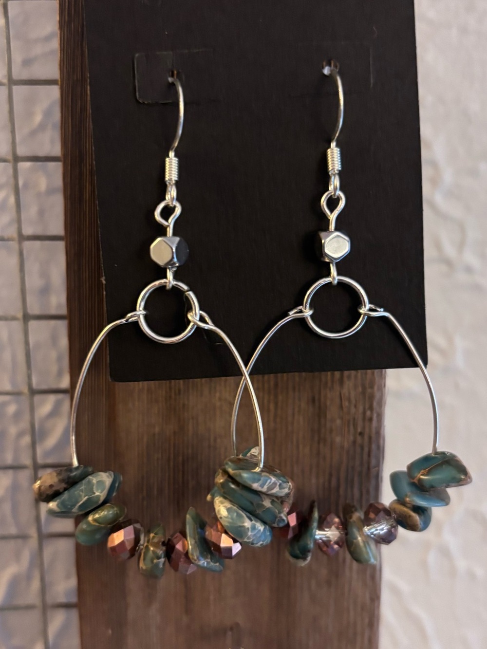 Teal Beaded Hoop Earrings with Metallic Accents - Women Jewelry